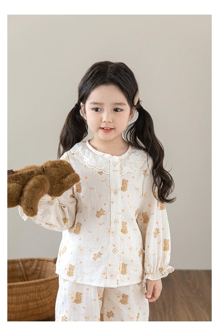 Girls Lace Collar Pyjama Set, Teddy Dreams