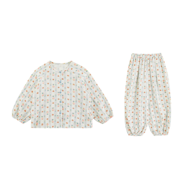 Girls Cotton Muslin Pyjama & Lounge Set, Teddy & Floral Stripe