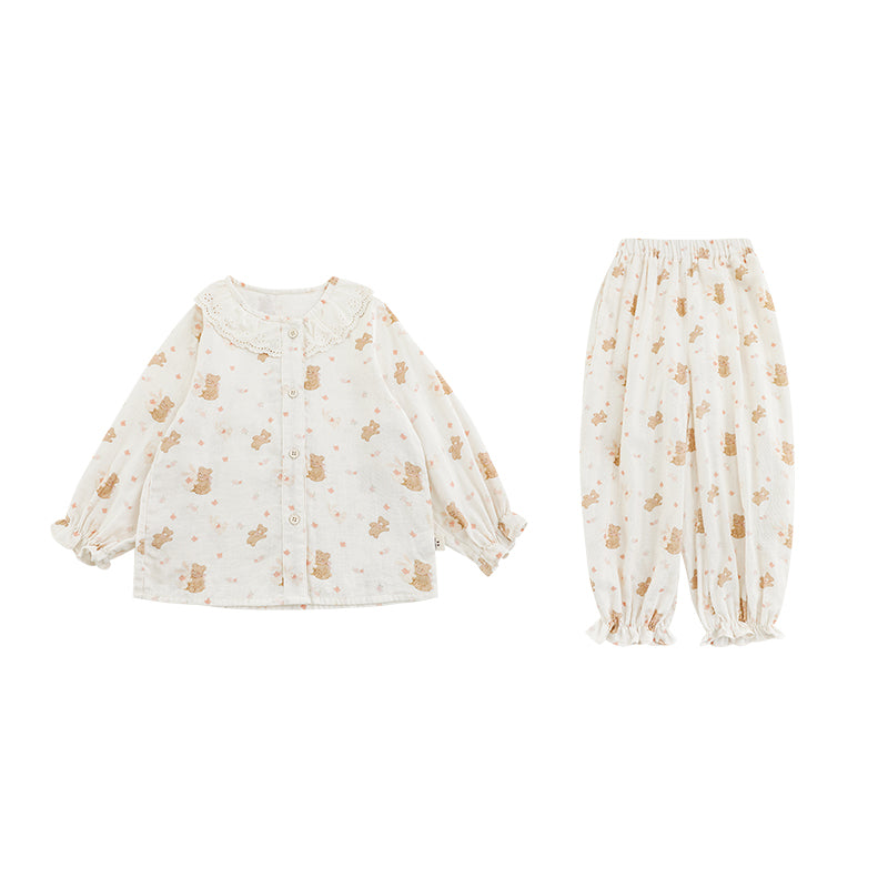 Girls’ cotton pyjama set with bear print and lace collar – Ava & Bear London