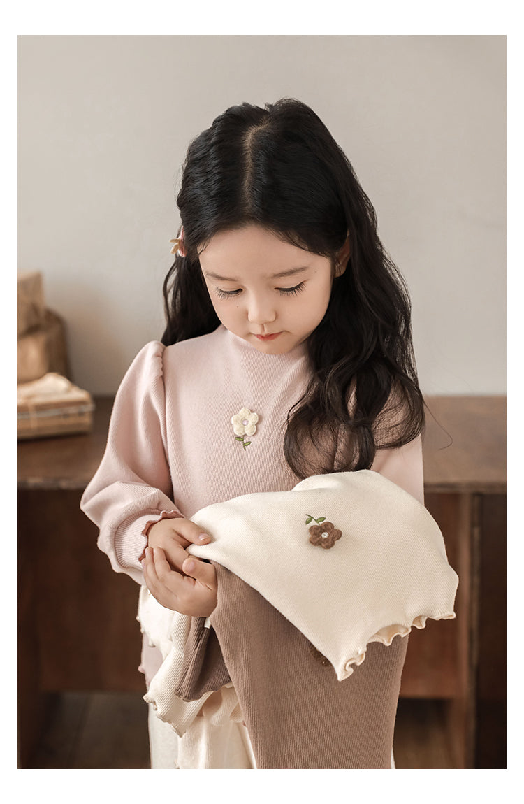 Girls Floral Embroidered Frill Trimmed Top, Misty Pink