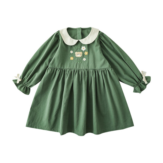 Baby Girl Teddy Embroidered Dress, Forest Green