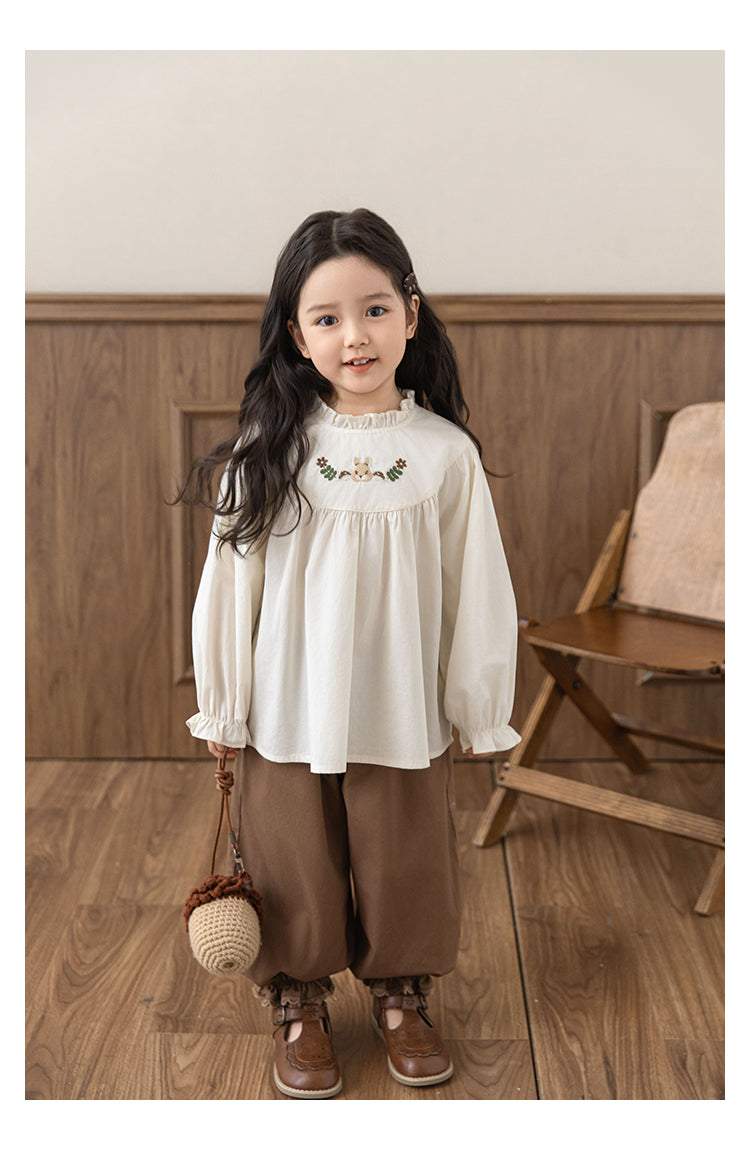 Girls Embroidered Ruffled Doll Blouse, Ivory White
