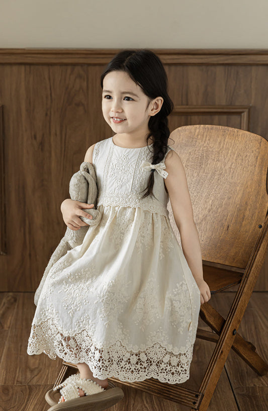 Elena Floral Embroidered Sleeveless Dress, Ivory