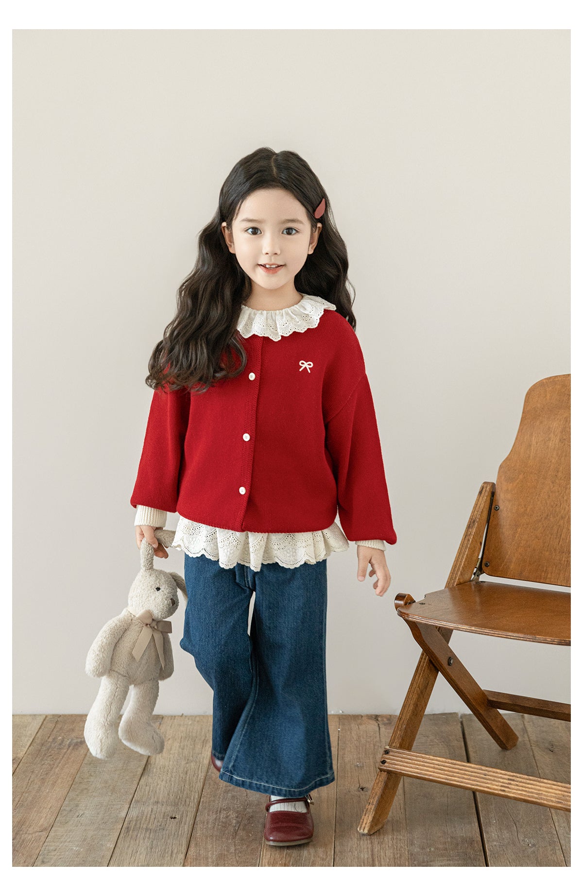 Girls Bow Embroidered Knit Cardigan, Berry Red