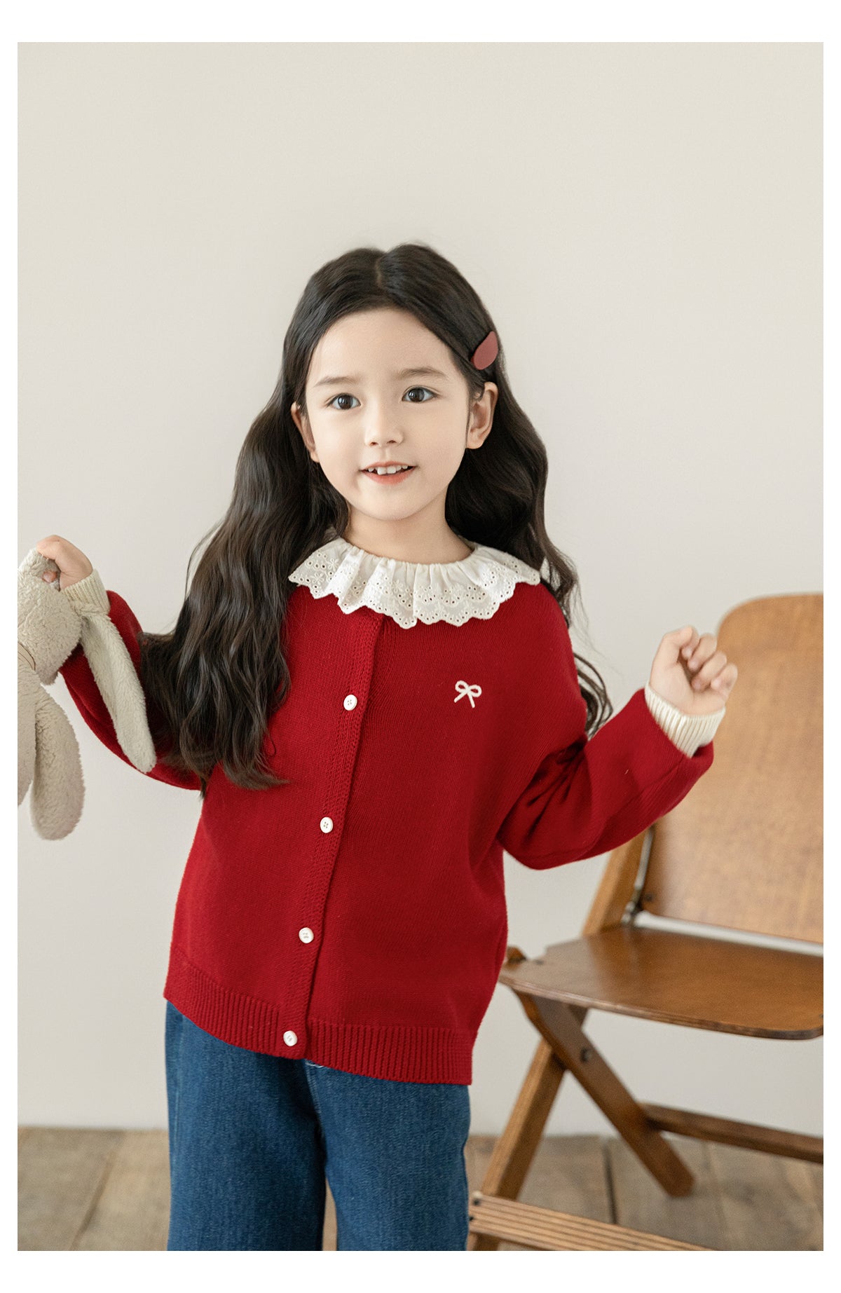 Girls Bow Embroidered Knit Cardigan, Berry Red
