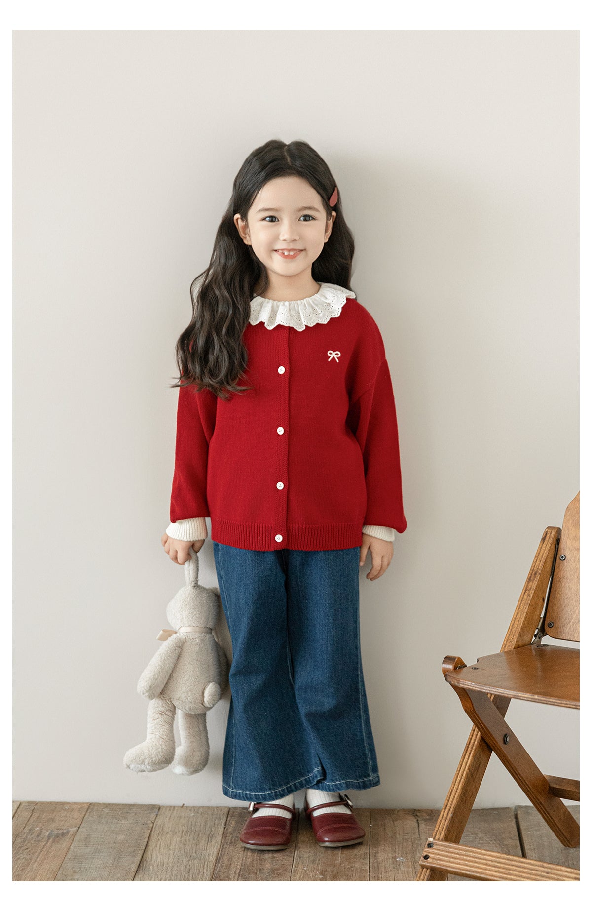 Girls Bow Embroidered Knit Cardigan, Berry Red