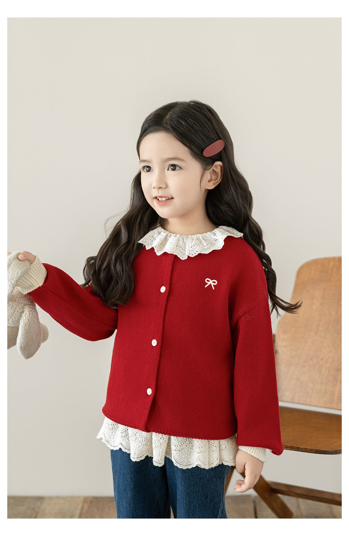 Girls Bow Embroidered Knit Cardigan, Berry Red