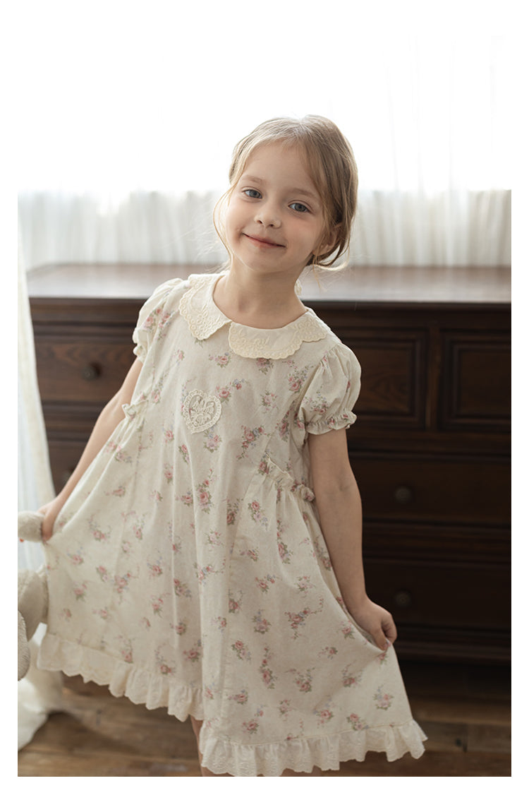 Girls Lace Embroidered Floral Dress, Ivory