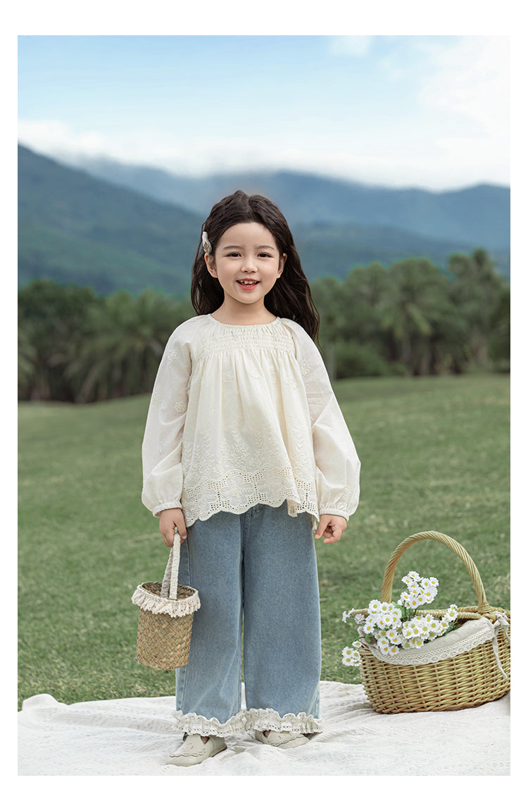 Girls Straight Leg Lace Hem Jeans, Light Blue