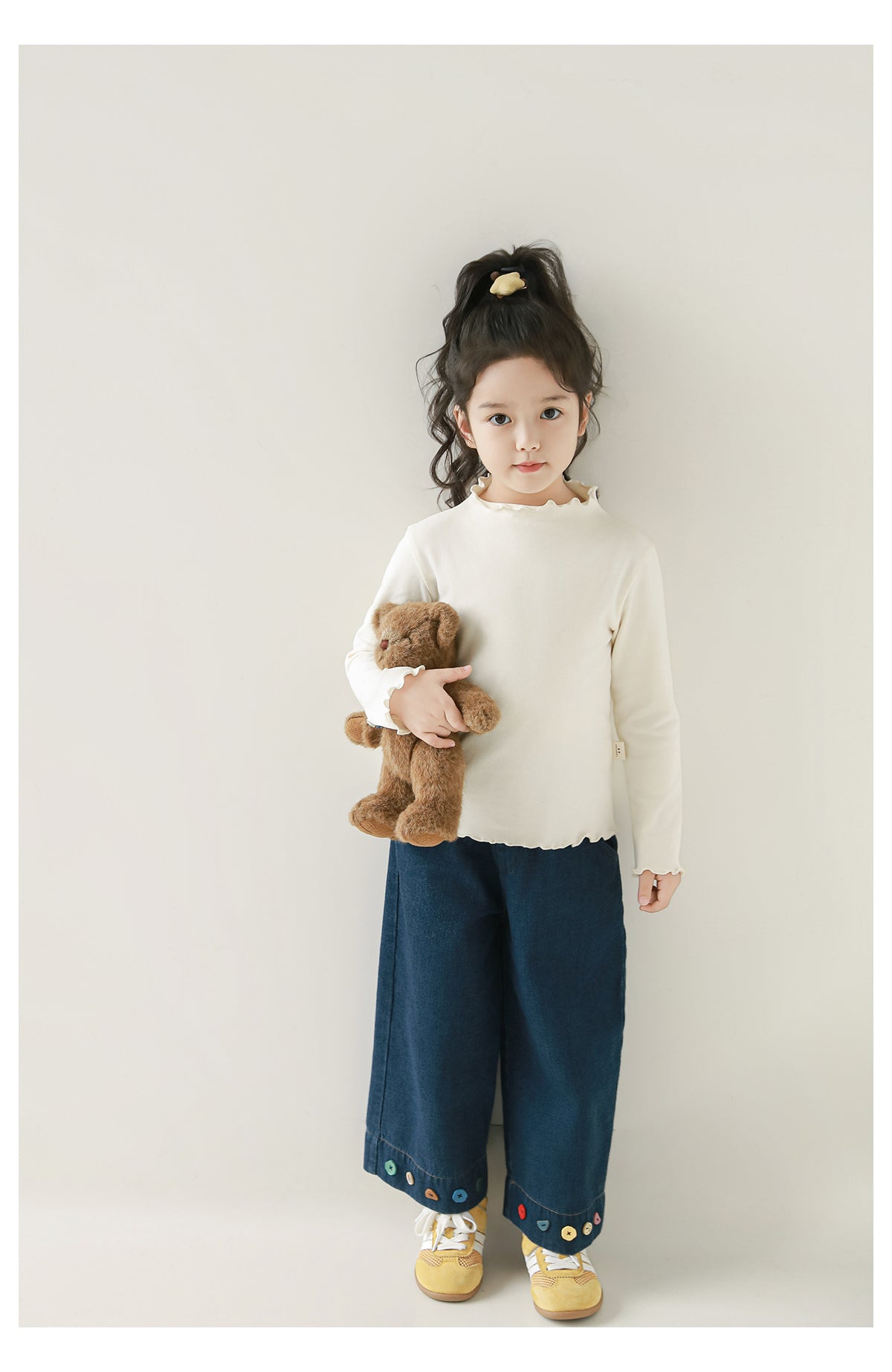 Girls Button Detailed Frill Trimmed Top, Ivory