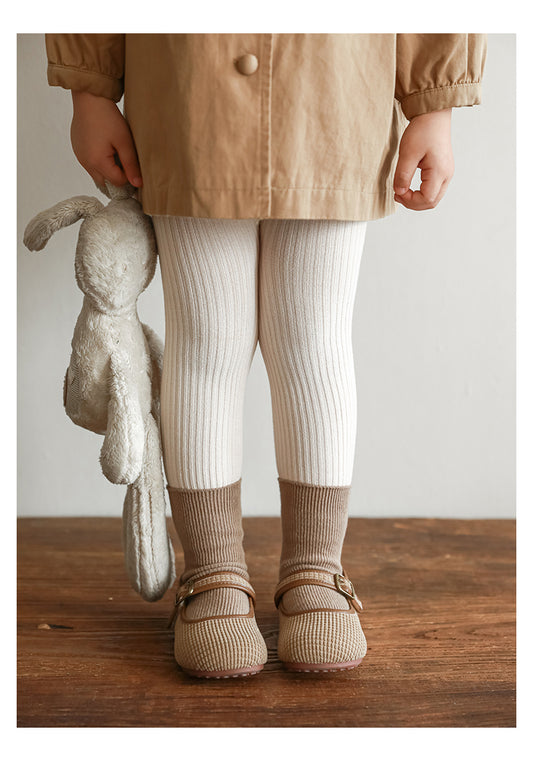 Medium weight ribbed footless tights for girls in neutral sand tone - Ava & Bear London