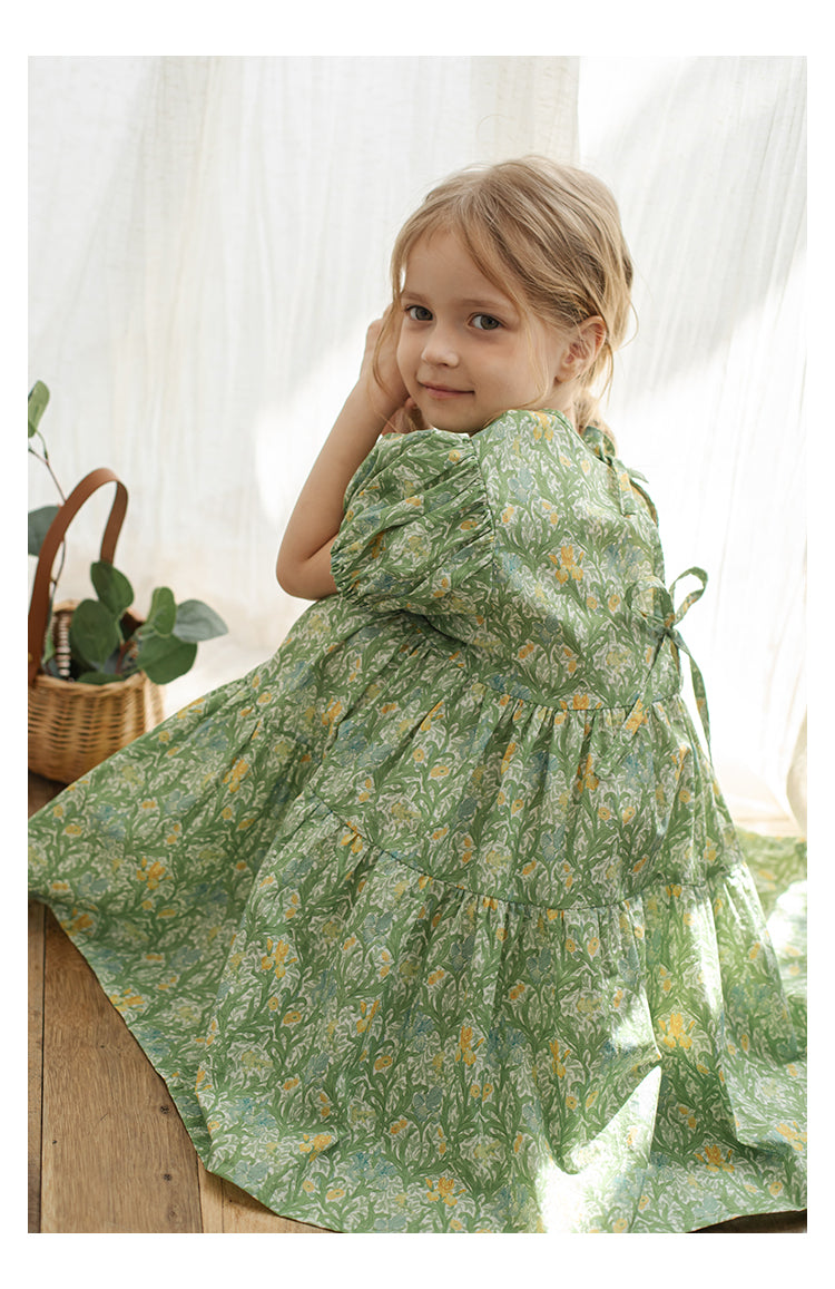 Girls Floral Tie-Back Dress, Summer Green