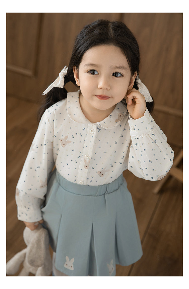 Girls Bunny Floral Button-Down Blouse, Ivory