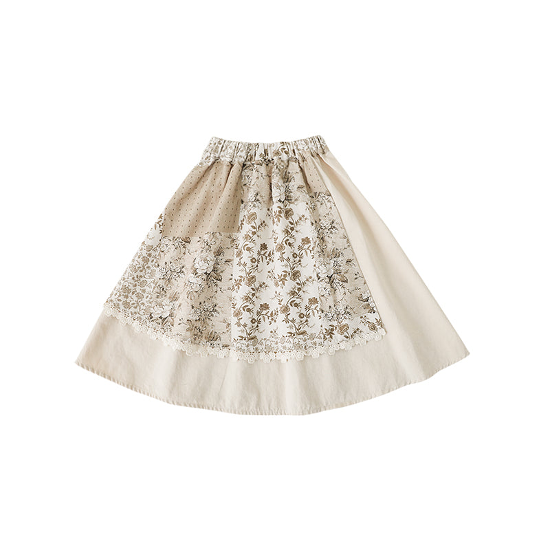 Girls Lace Detail Patchwork Skirt, Cocoa Floral