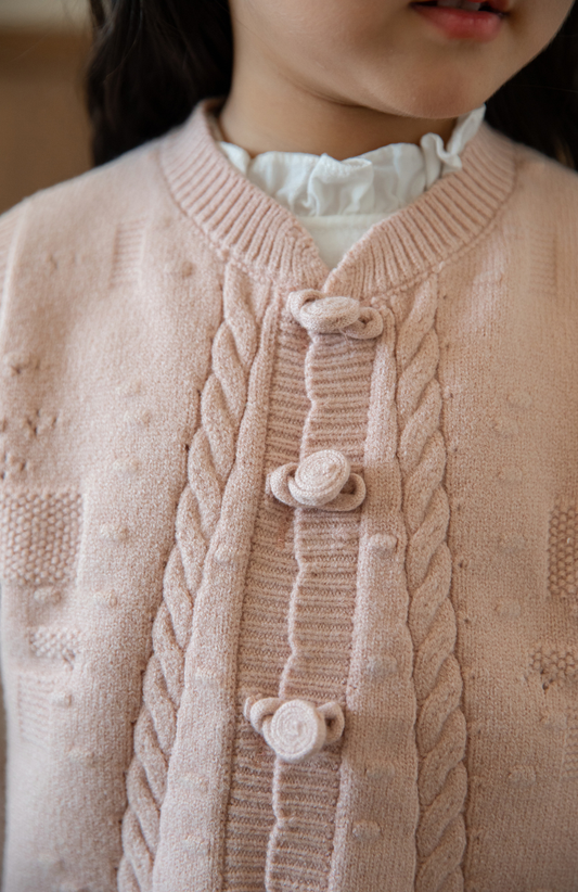Girls Cable Knit Cardigan Vest, Blush Pink
