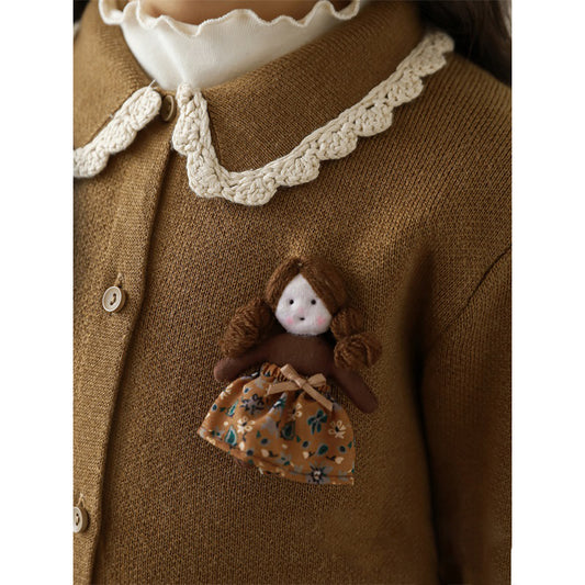 Girls Lace Collar Doll Detail Cardigan, Camel