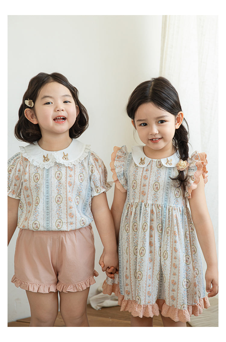 Girls Embroidered Collar Ruffled Dress, Bunny & Floral