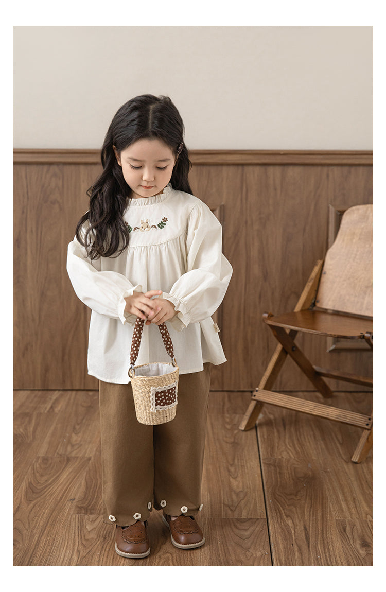 Girls Embroidered Ruffled Doll Blouse, Ivory White