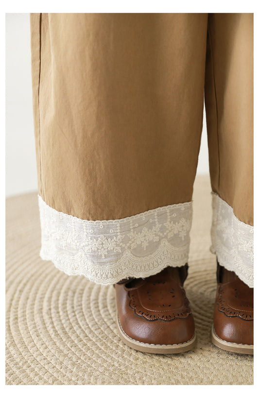 Girls Lace Embroidered Pleated Trousers, Camel