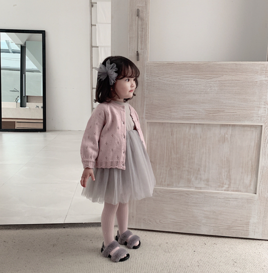 Girls Ribbed Cotton Knit Chiffon Tulle Dress, Cloud Grey