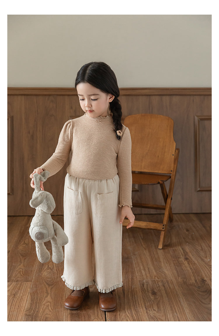 Girls Linen Blend Trousers with Ruffled Lace Hem, Oat