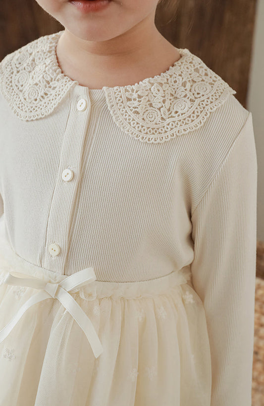 Crochet Collar Ribbed Blouse, Ivory
