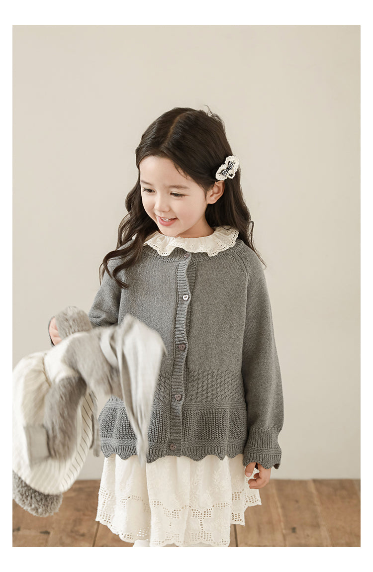 Girls Scalloped Textured Knit Cardigan, Medium Grey