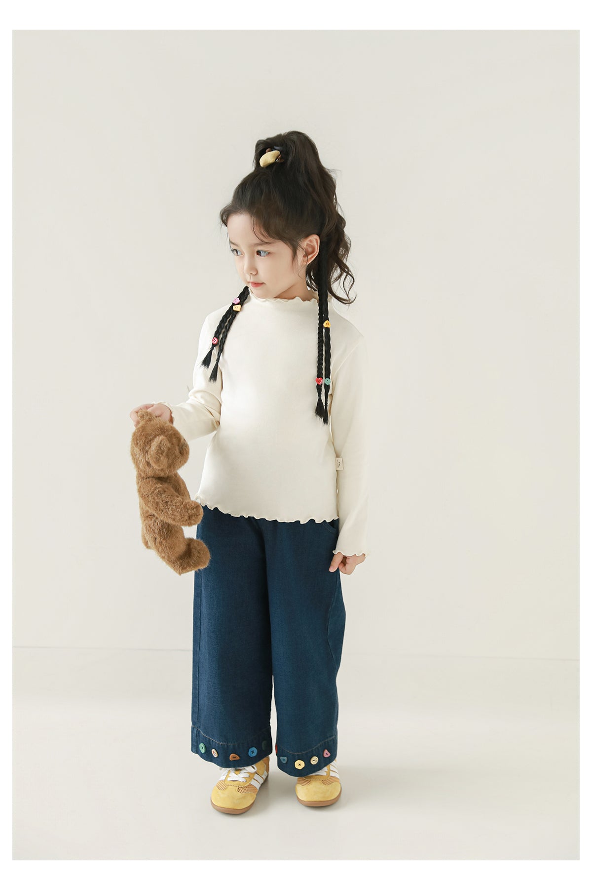 Girls Button Detailed Frill Trimmed Top, Ivory