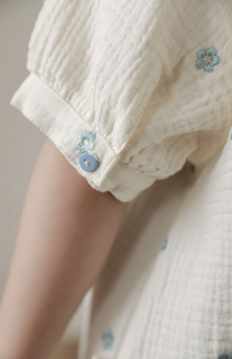 Girls Floral Embroidered Muslin Blouse, Ivory & Blue