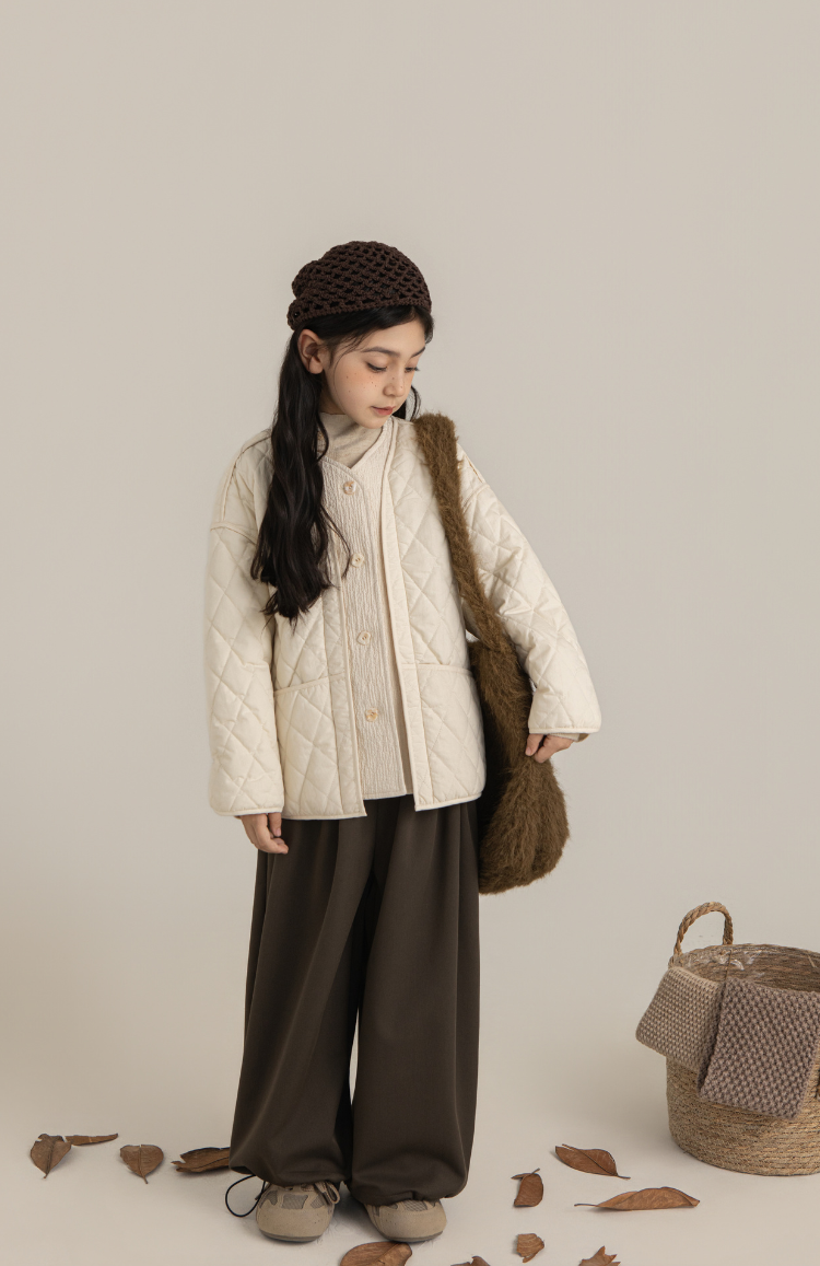 Girls Cotton Quilted Jacket with Textured Trim, Ivory