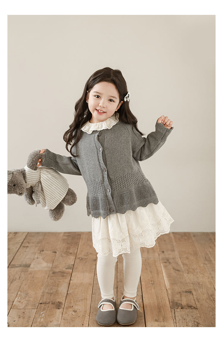 Girls Scalloped Textured Knit Cardigan, Medium Grey