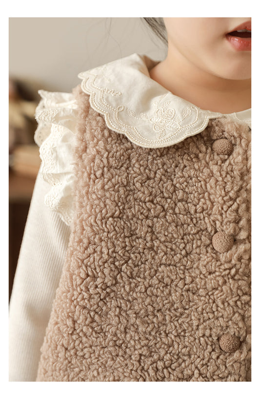 Girls Lace Trim Faux Shearling Teddy Vest, Latte Brown