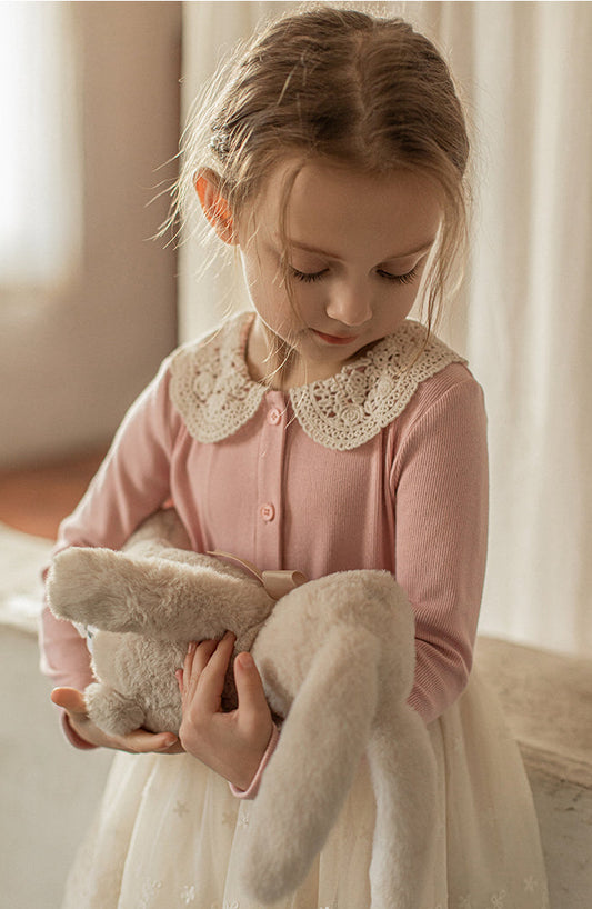 Crochet Collar Ribbed Blouse, Pink