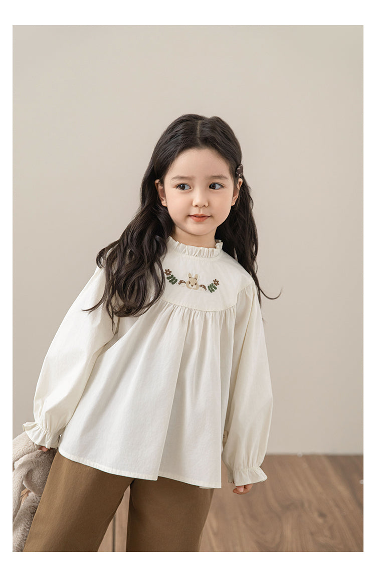 Girls Embroidered Ruffled Doll Blouse, Ivory White