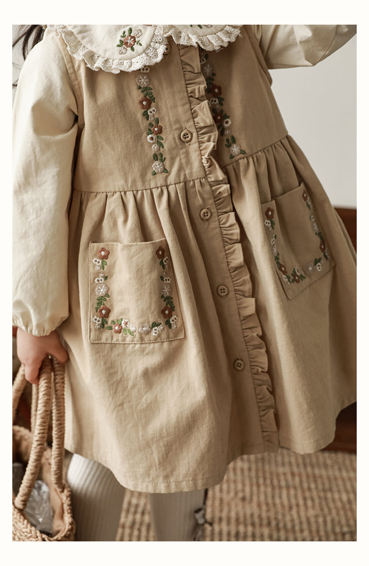 Girls Floral Embroidered Button-Front Dress, Beige