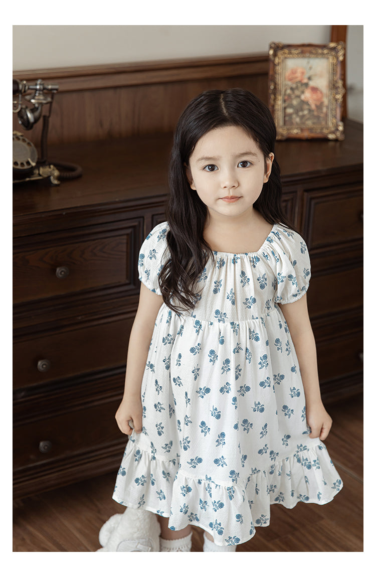 Baby Girl Square Neck Ruffle Hem Dress, Blue Floral