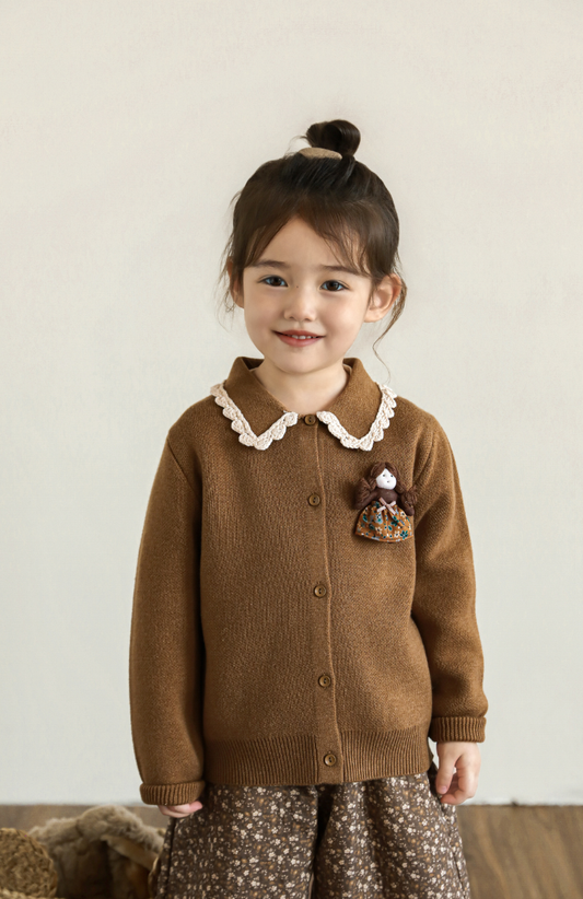 Girls Lace Collar Doll Detail Cardigan, Camel
