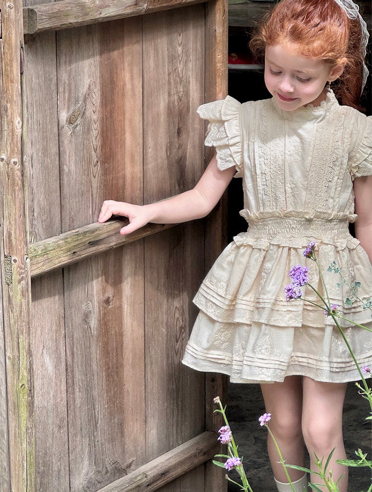 Girls Floral Embroidered Tiered Dress, Ivory