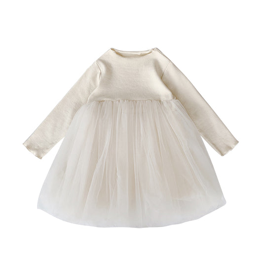 Girls Ribbed Cotton Knit Chiffon Tulle Dress, Cream