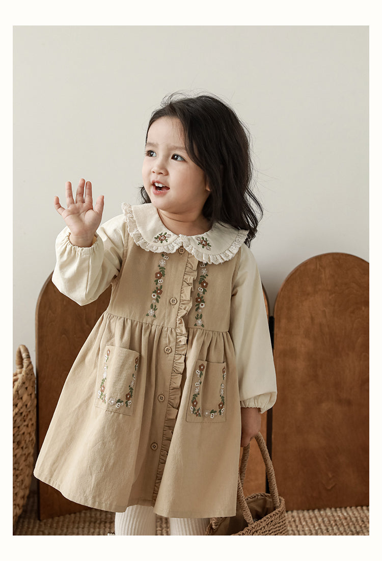Girls Floral Embroidered Button-Front Dress, Beige