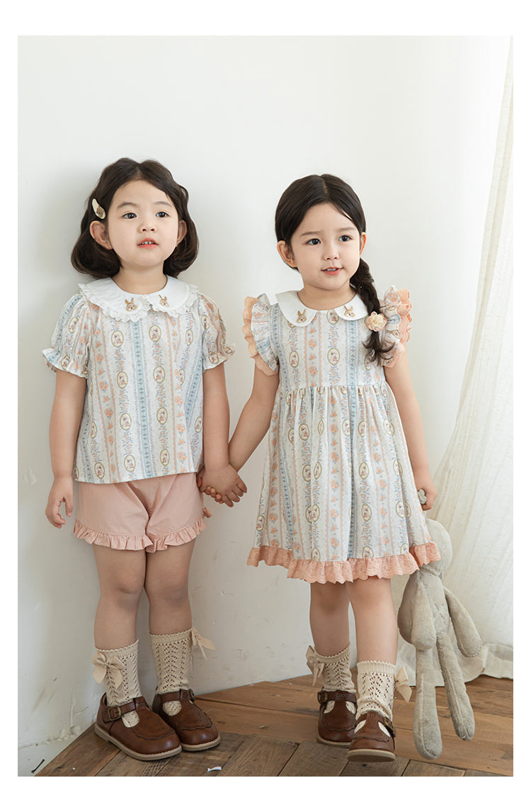 Girls Embroidered Collar Ruffled Dress, Bunny & Floral