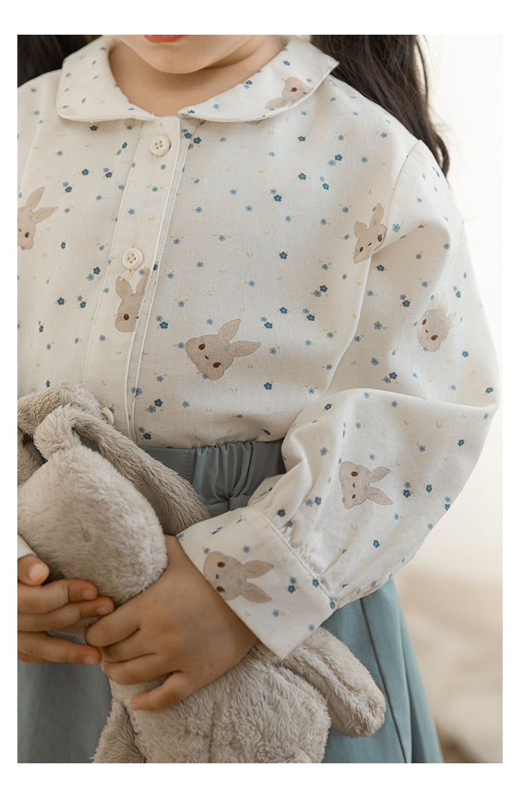 Close-up of bunny and floral print on girls blouse - Ava & Bear London