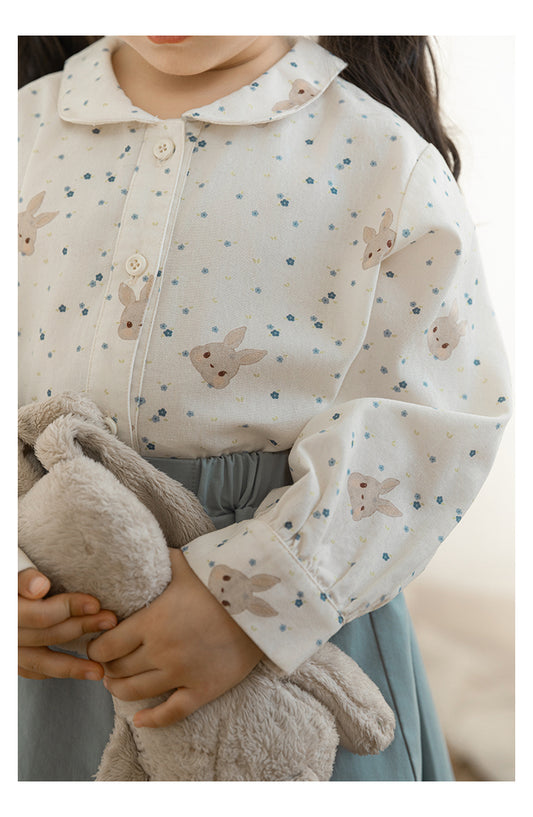Close-up of bunny and floral print on girls blouse - Ava & Bear London