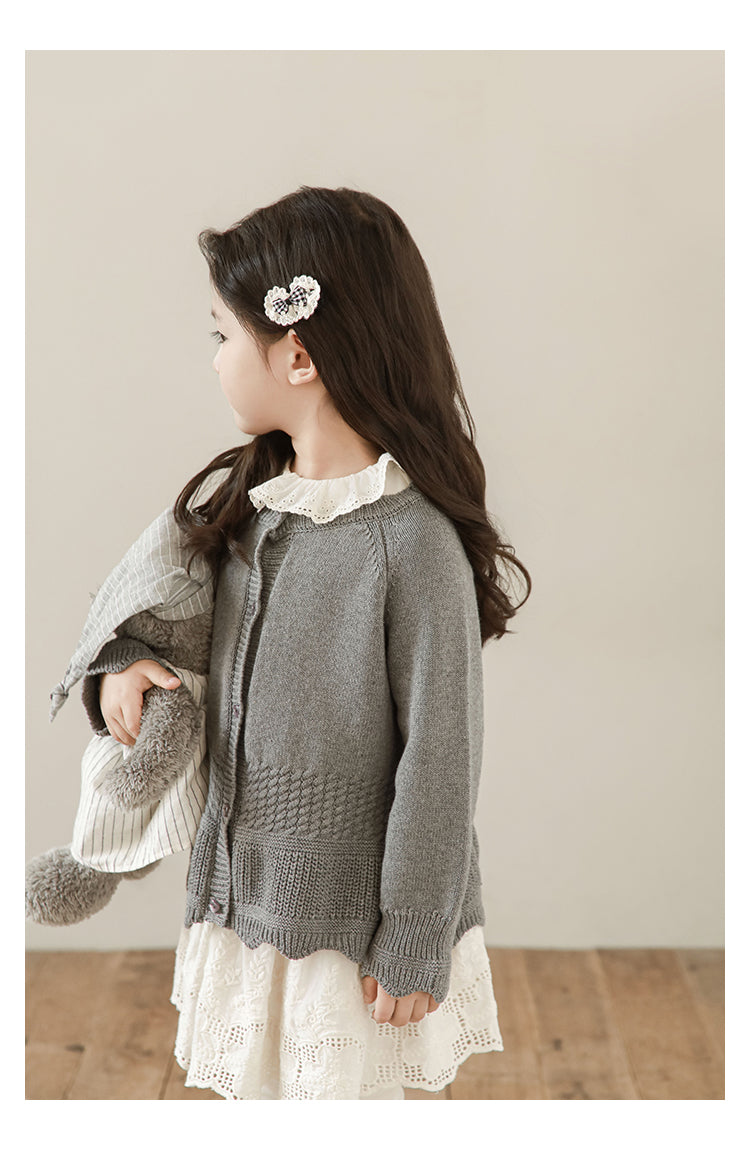 Girls Scalloped Textured Knit Cardigan, Medium Grey