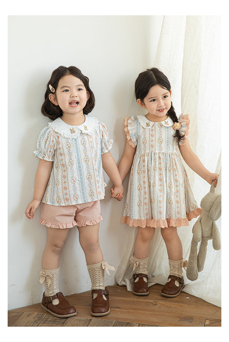 Girls Embroidered Collar Ruffled Dress, Bunny & Floral