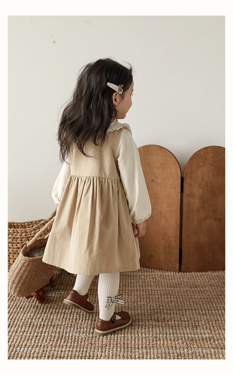 Girls Floral Embroidered Button-Front Dress, Beige