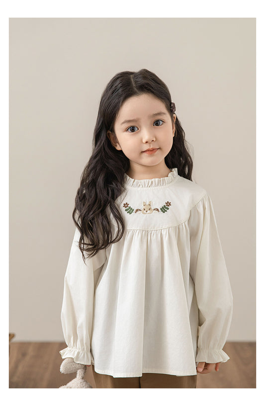Girls Embroidered Ruffled Doll Blouse, Ivory White