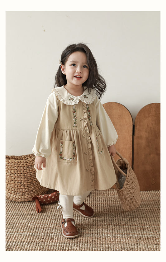 Girls Floral Embroidered Button-Front Pinafore Dress, Beige
