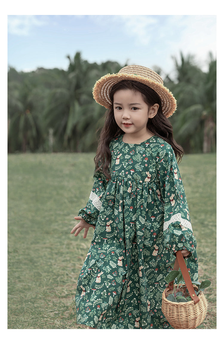 Girls Floral Lace Detail Dress, Forest Green