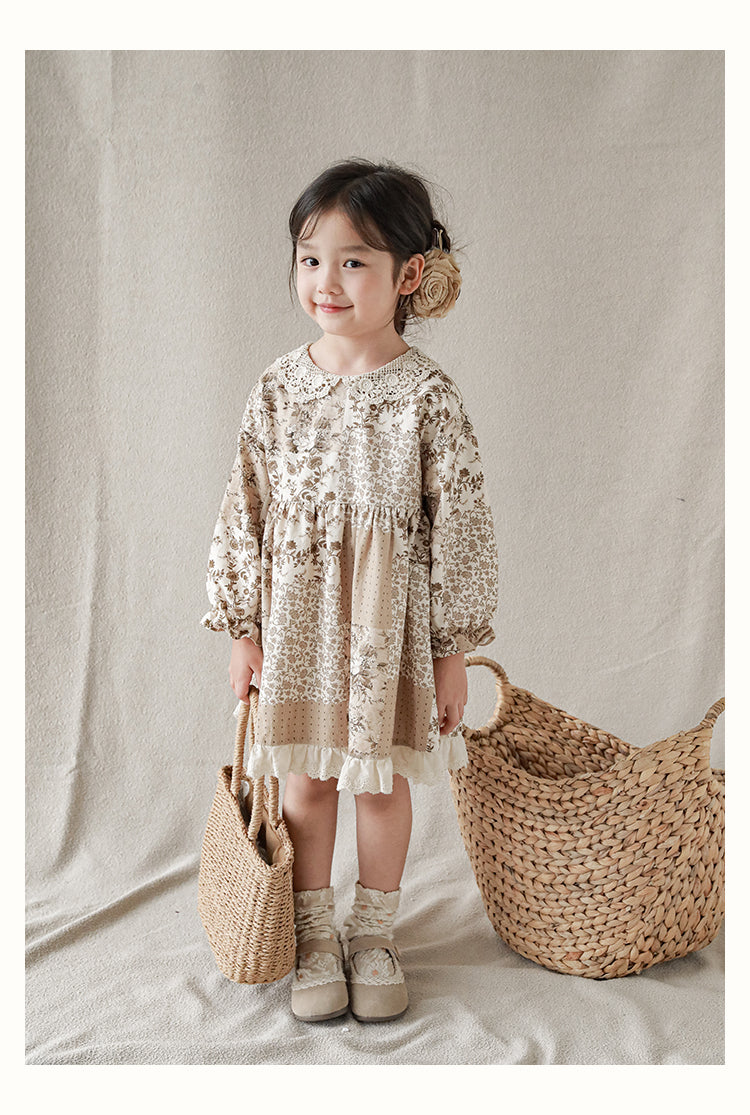 Girls Lace Detail Patchwork Dress, Cocoa Floral